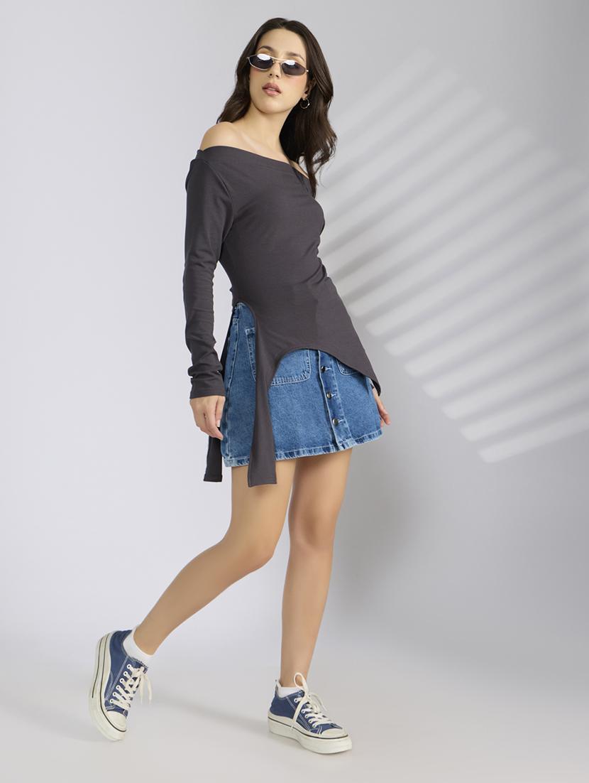 women solid off shoulder asymmetric top - 22038314 - Standard Image - 5