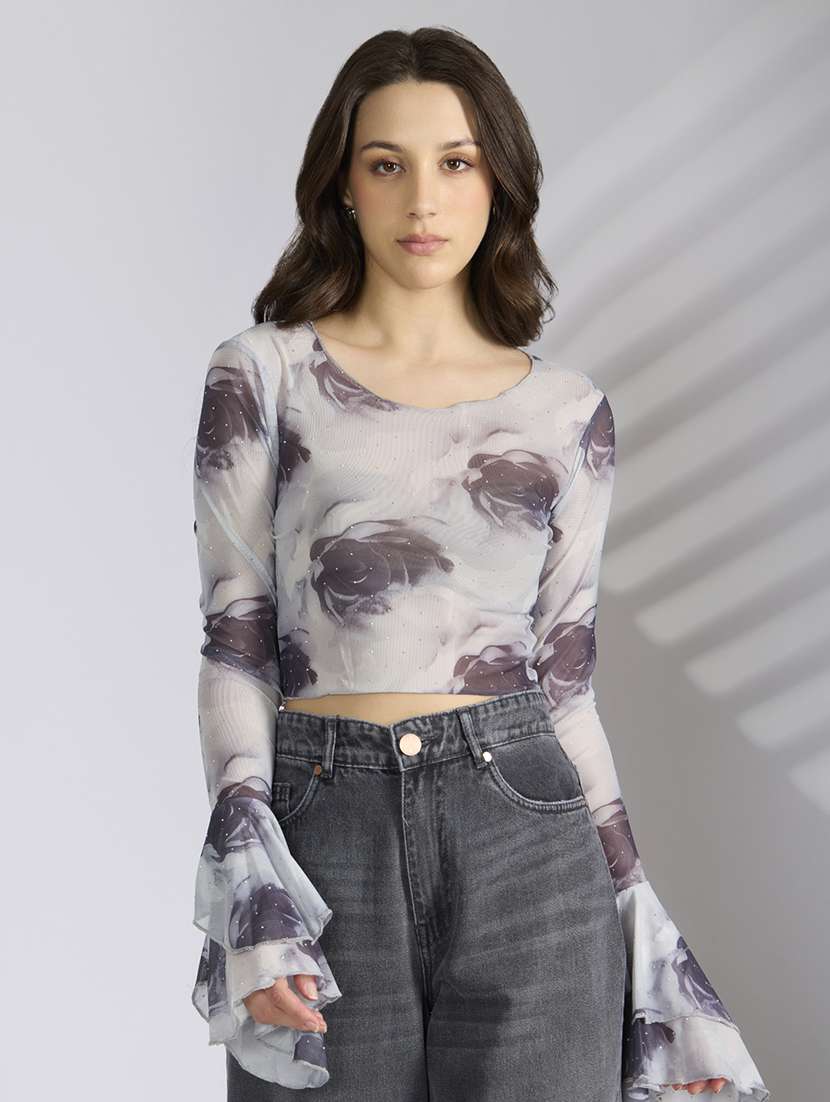 women printed bell sleeve crop top