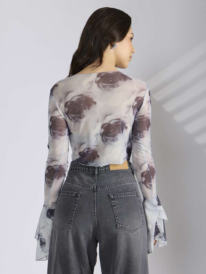 women printed bell sleeve crop top - 22038319 -  Standard Image - 3