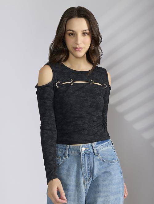women black printed cold shoulder crop top - 22038320 - Standard Image - 0