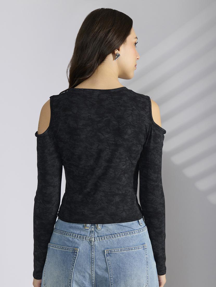 women black printed cold shoulder crop top - 22038320 - Standard Image - 3