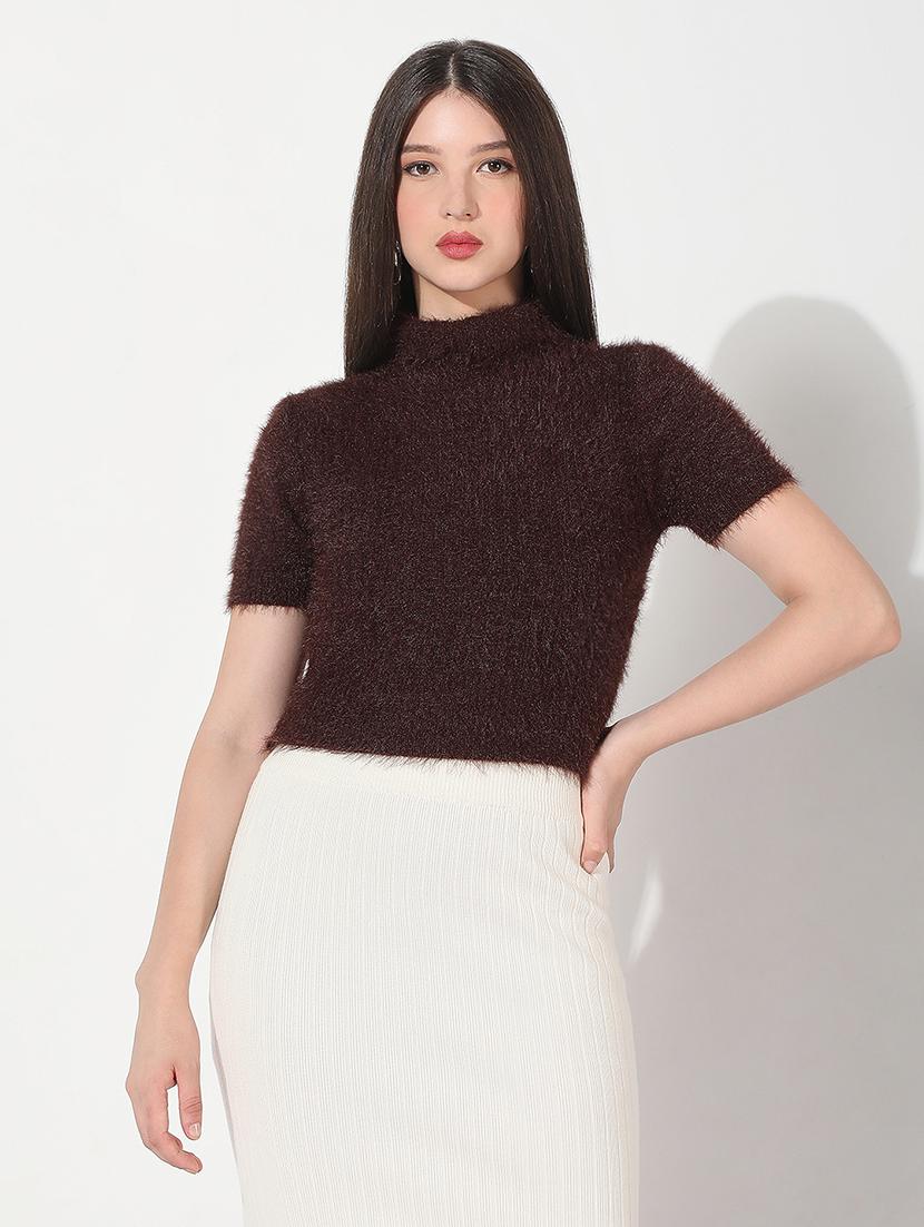 women brown solid high neck short sleeve crop top - 22038321 - Zoom Image - 0