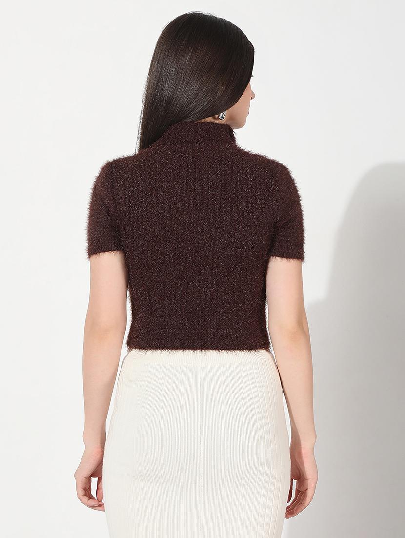 women brown solid high neck short sleeve crop top - 22038321 - Standard Image - 3