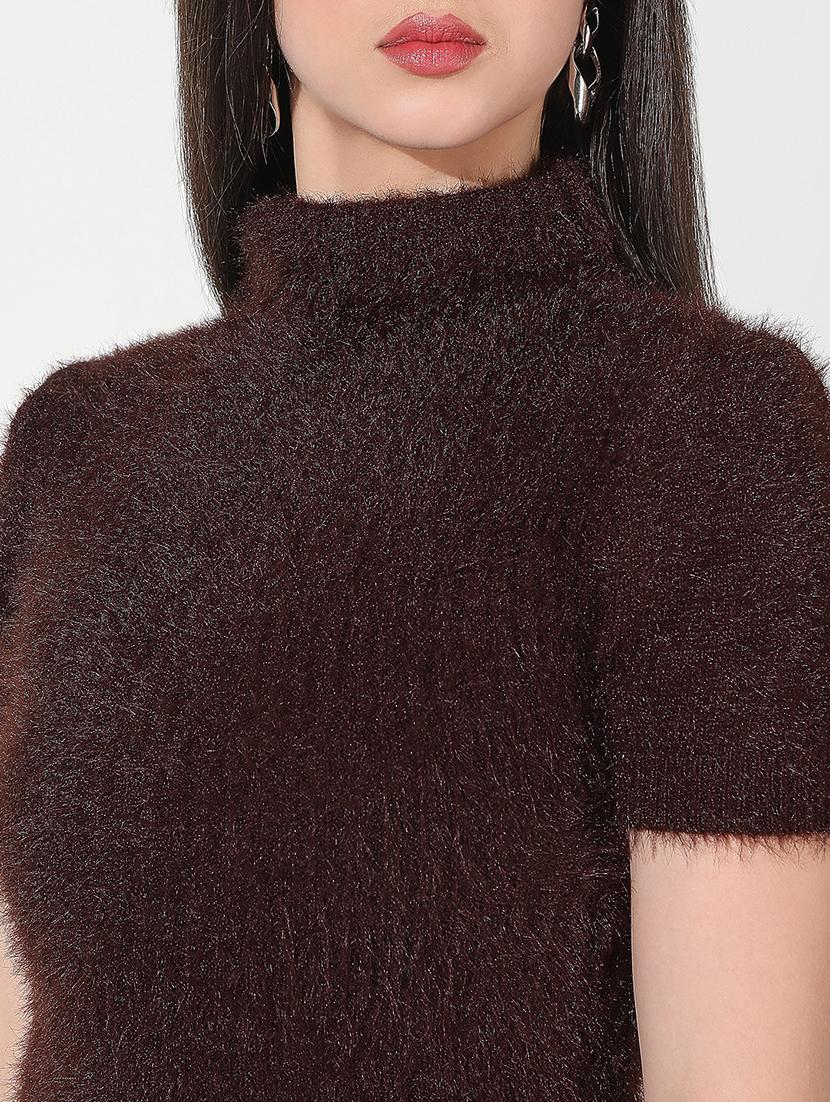women brown solid high neck short sleeve crop top - 22038321 - Standard Image - 5