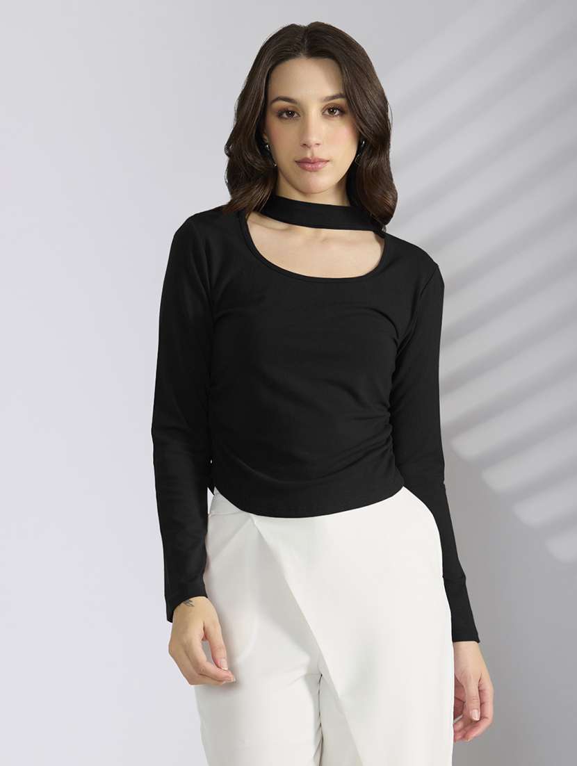 women black solid long sleeve top