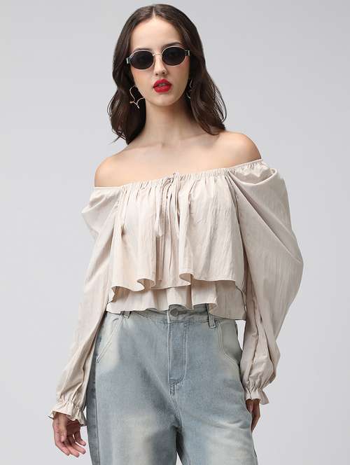 women solid off shoulder long sleeve layered top - 22038327 - Standard Image - 0