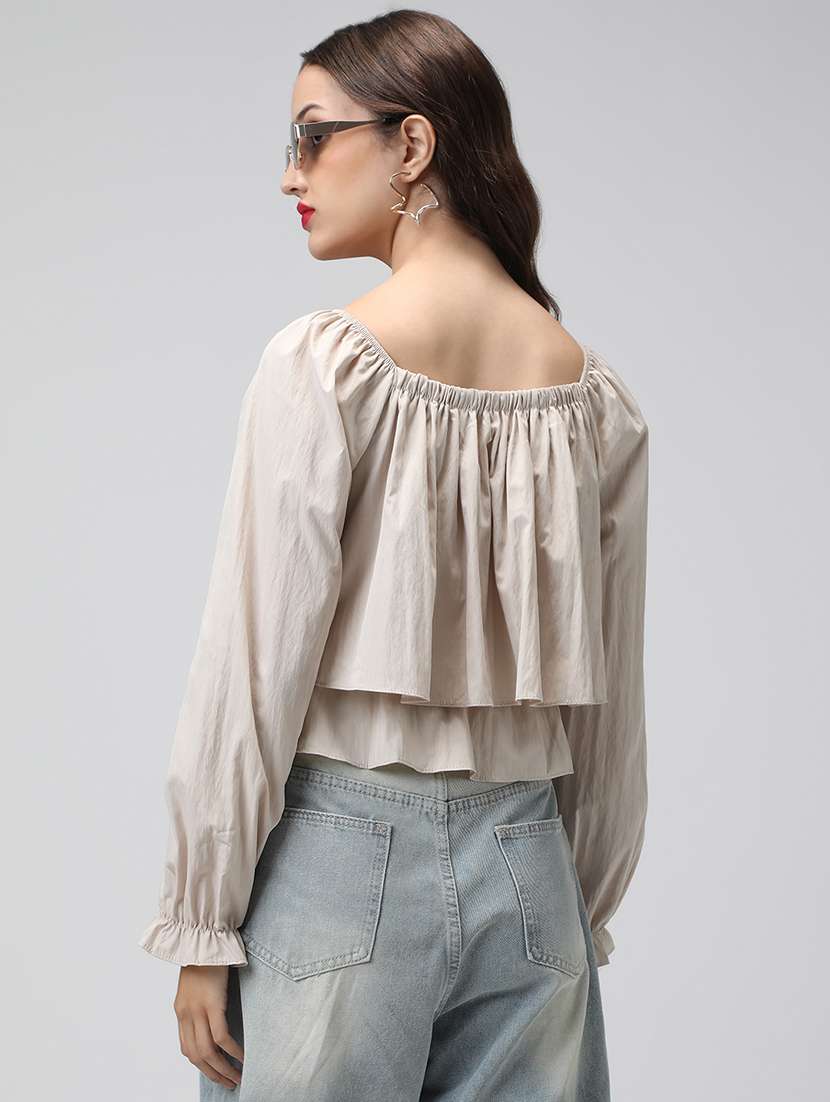 women solid off shoulder long sleeve layered top - 22038327 - Standard Image - 3