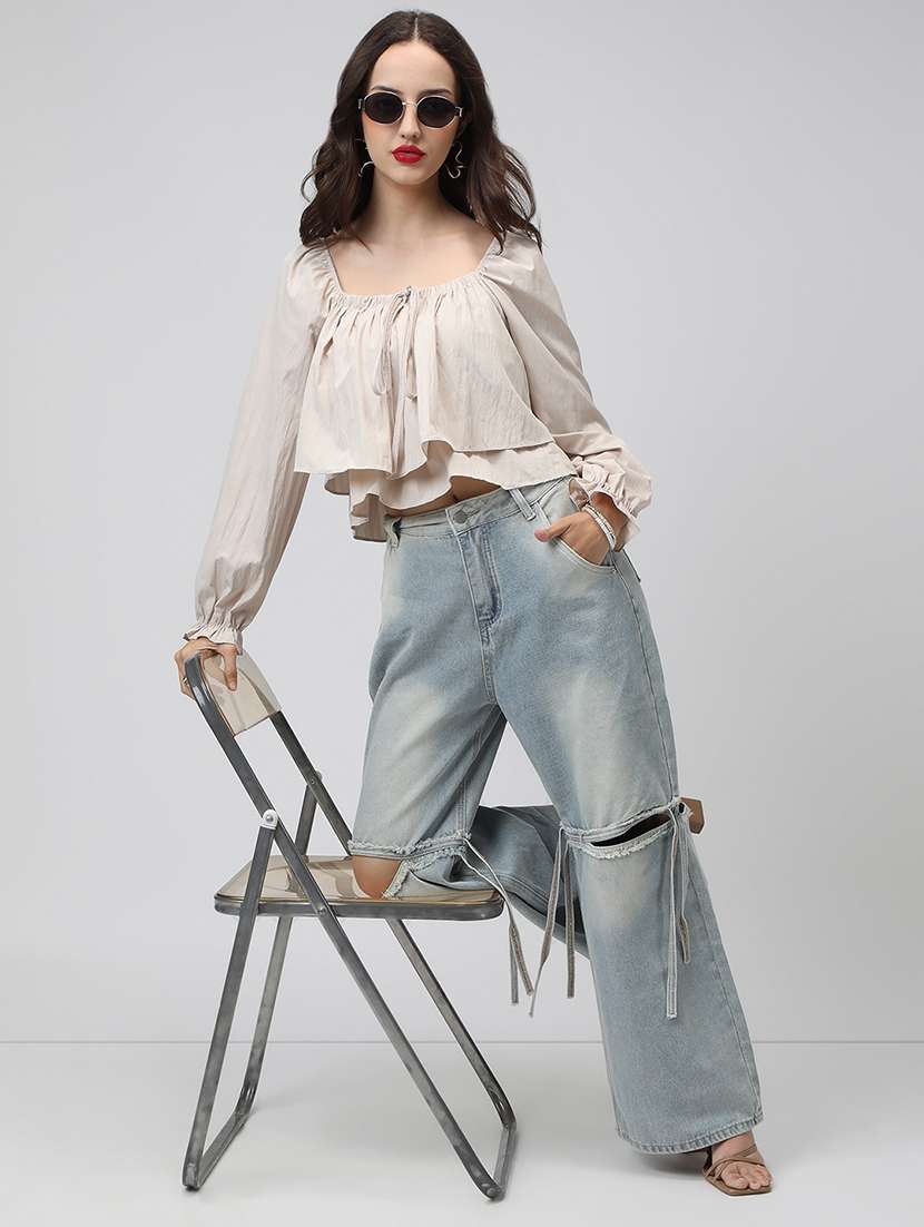 women solid off shoulder long sleeve layered top - 22038327 - Standard Image - 5