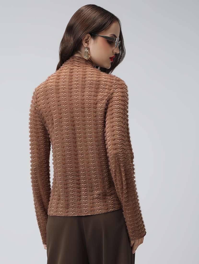 women brown self designed long sleeve top - 22038334 -  Standard Image - 3