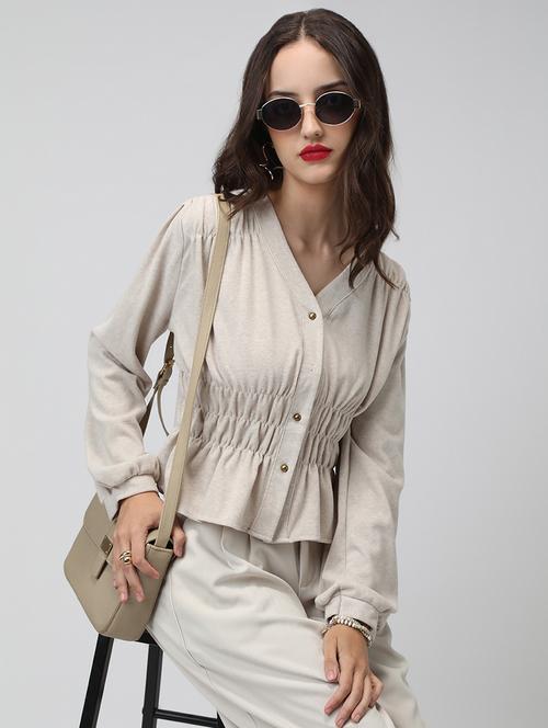 women grey solid long sleeve crop top - 22038336 - Standard Image - 0