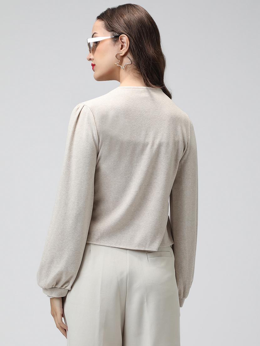 women grey solid long sleeve crop top - 22038336 - Standard Image - 3