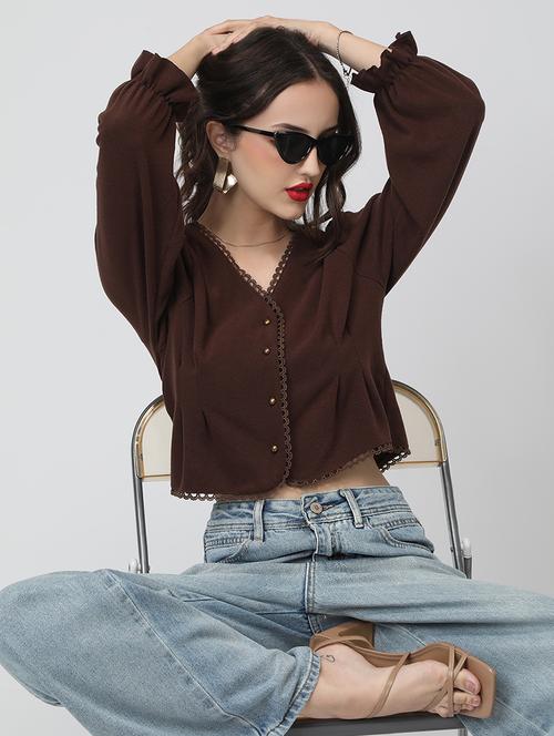 women brown solid long sleeve crop top - 22038338 - Standard Image - 0