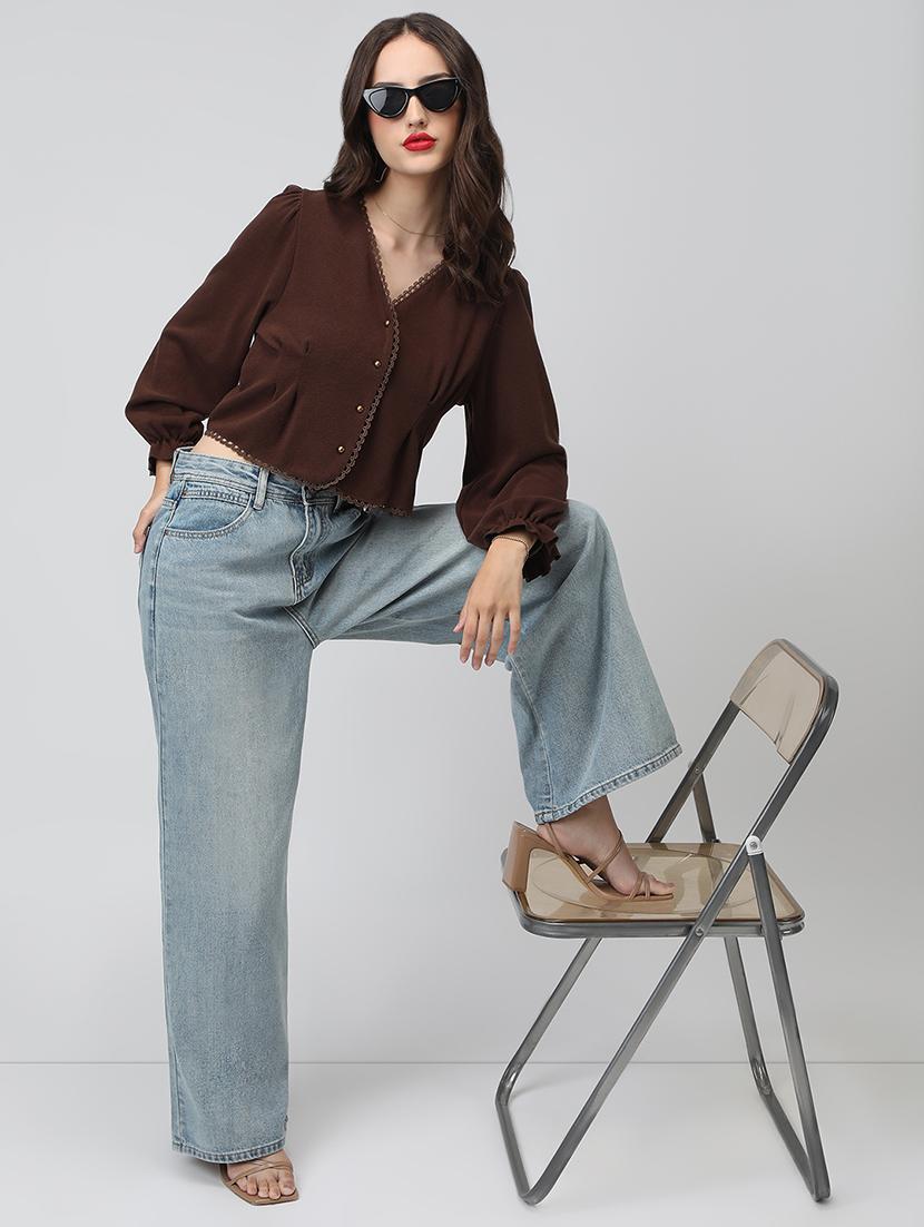 women brown solid long sleeve crop top - 22038338 - Standard Image - 3