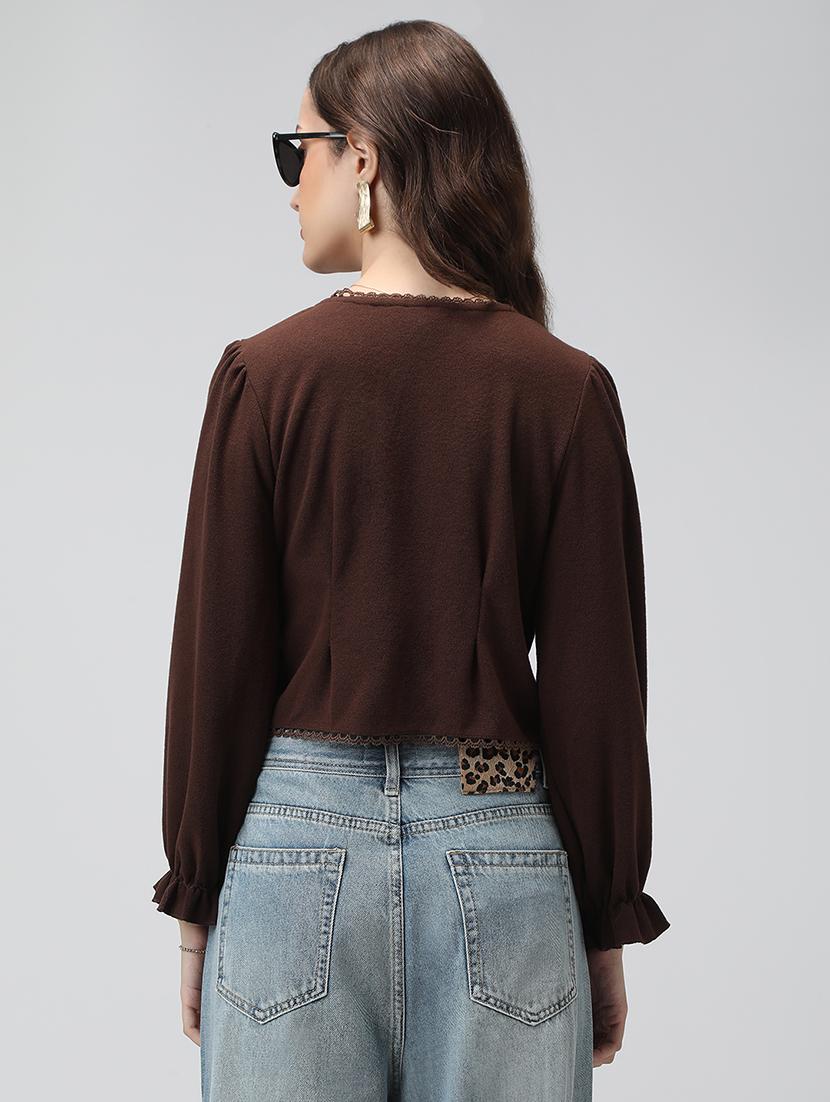 women brown solid long sleeve crop top - 22038338 - Standard Image - 5