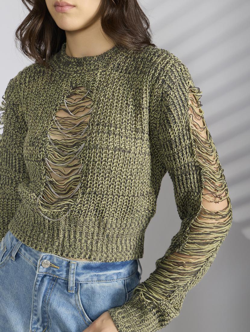 women solid distressed long sleeve pullover - 22038344 - Standard Image - 5