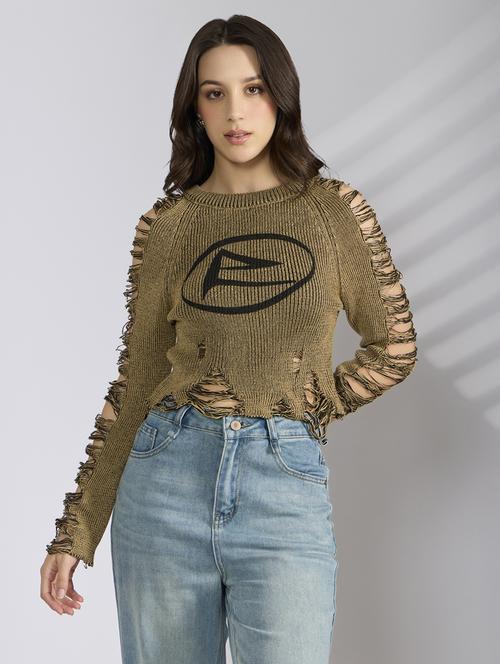 women printed distressed long sleeve pullover - 22038345 - Standard Image - 0