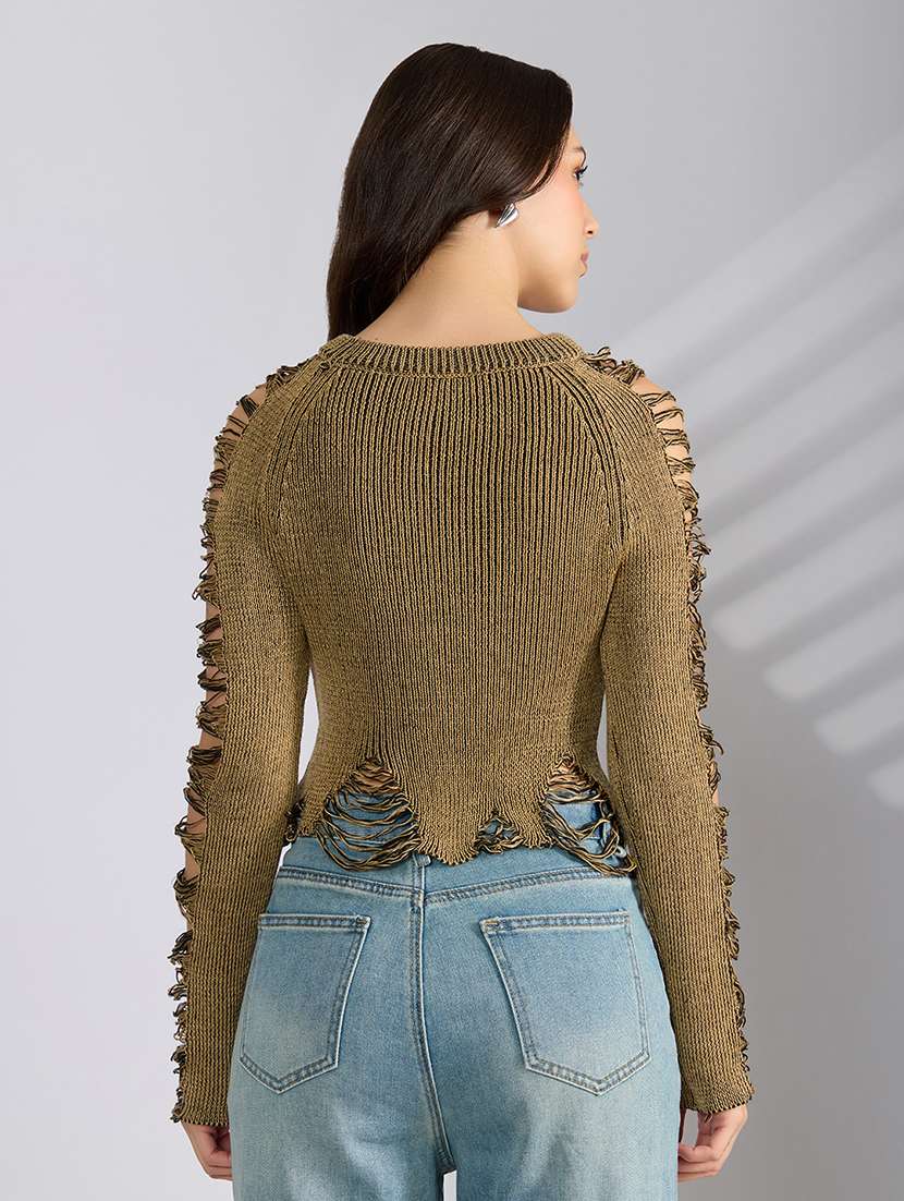 Women Printed Distressed Long Sleeve Pullover