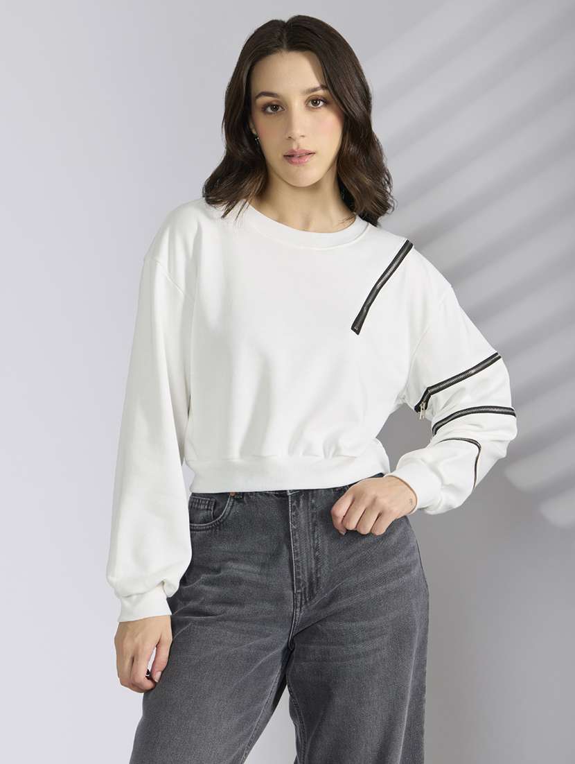 Women White Solid Long Sleeve Pullover