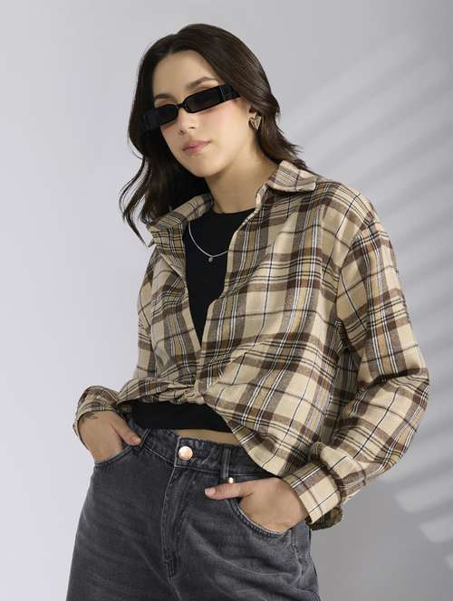 women checkered collared shirt top with slip - 22038351 -  Standard Image - 0