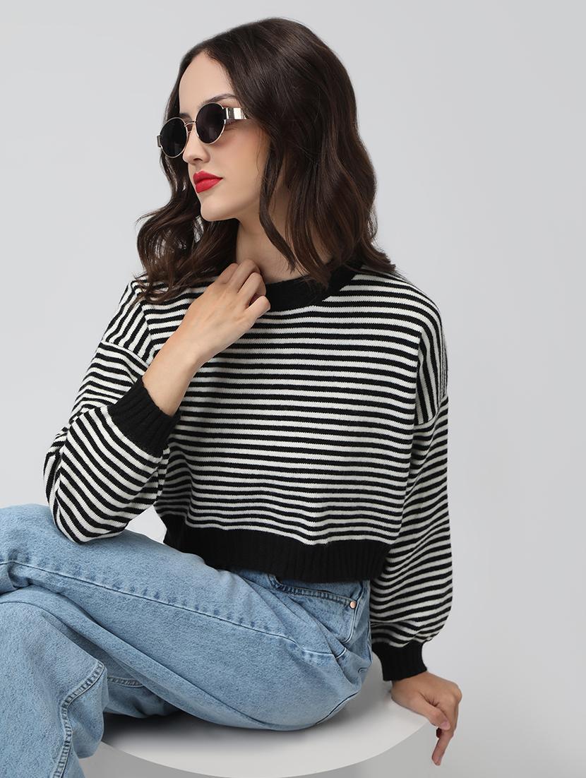 women striped long sleeve cropped pullover