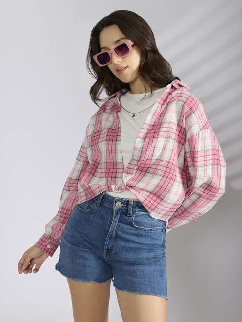 women checkered collared shirt top with slip - 22038356 -  Standard Image - 0
