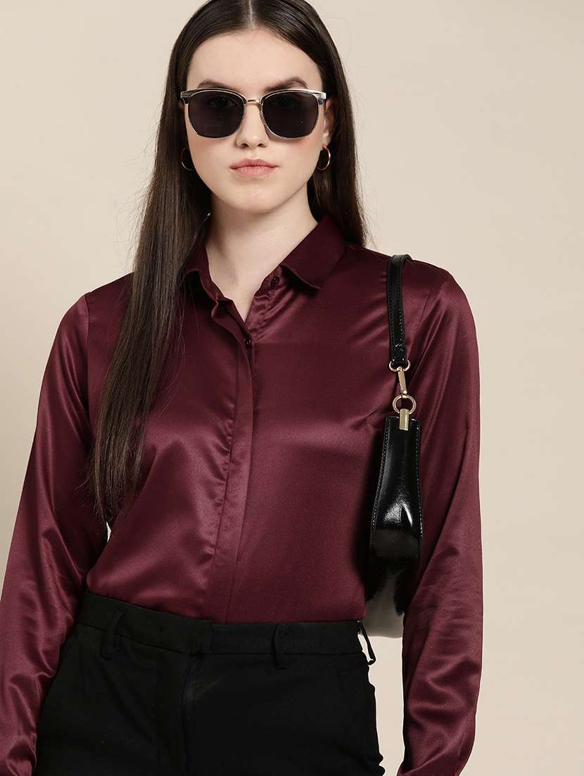 women solid collared long sleeve shirt