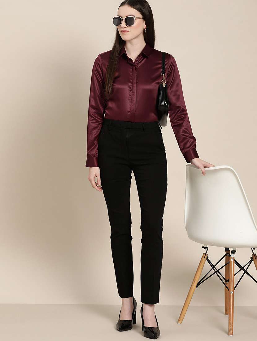 women solid collared long sleeve shirt - 22038364 -  Standard Image - 3