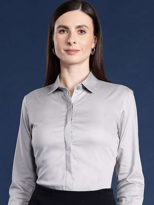 women solid collared long sleeve shirt - 22038374 - Standard Image - 0