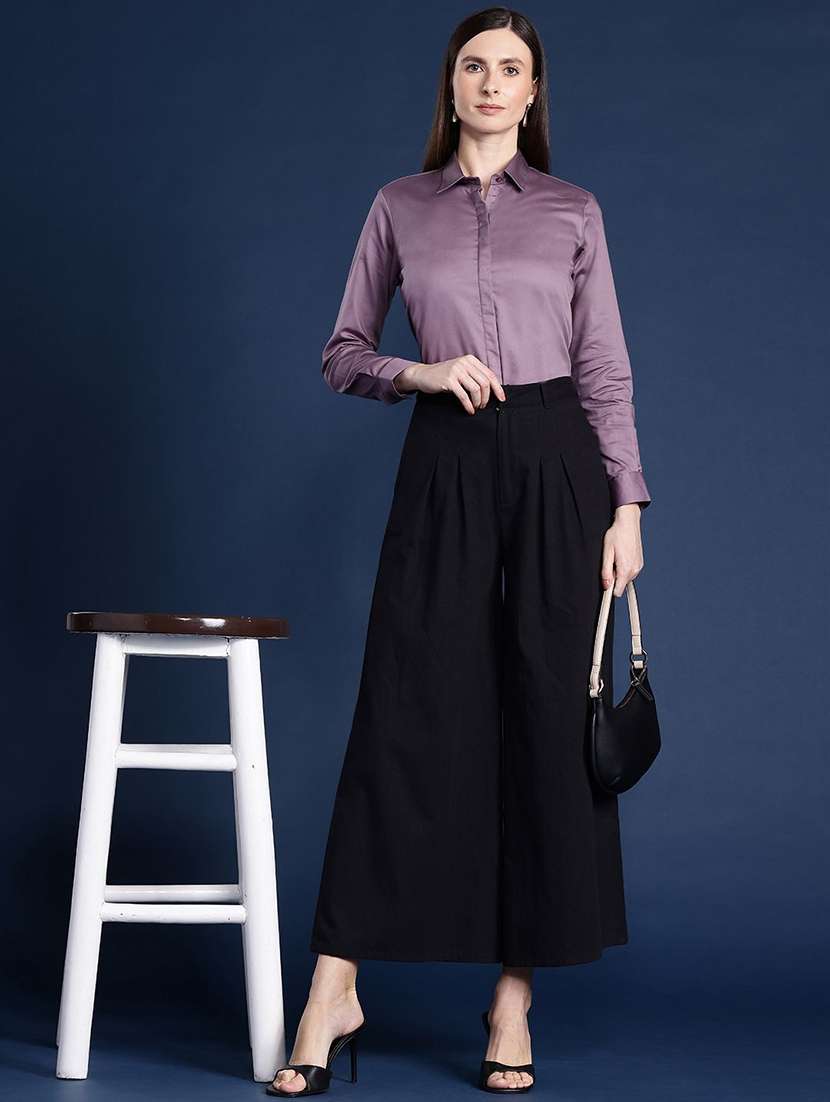 women solid collared long sleeve shirt - 22038376 -  Standard Image - 3