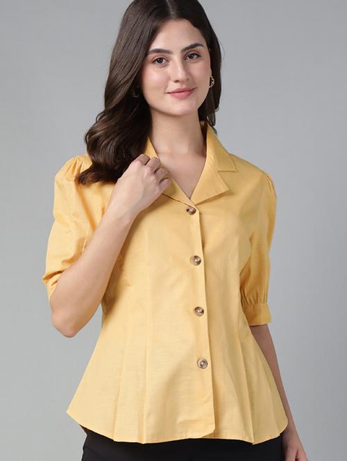 women solid lapel collar short sleeve shirt - 22038381 - Standard Image - 0