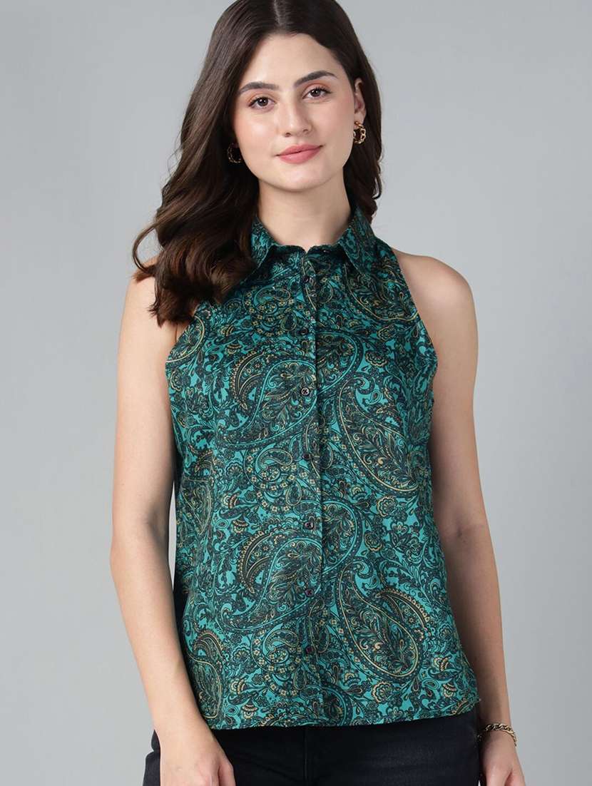 women printed collared sleeveless regular fit shirt - 22038382 -  Zoom Image - 0