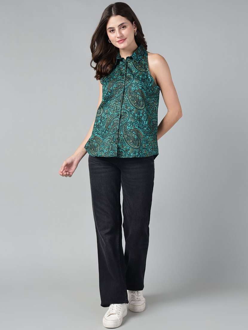 women printed collared sleeveless regular fit shirt - 22038382 - Standard Image - 5