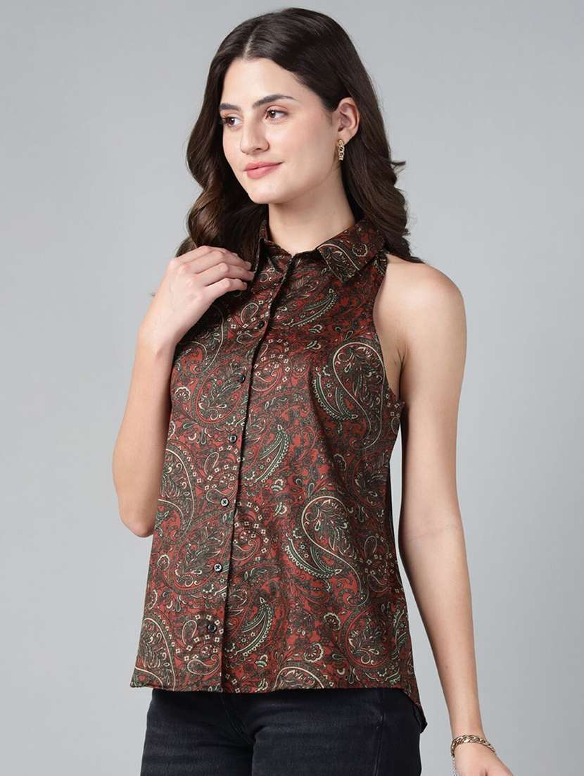 women printed collared sleeveless regular fit shirt - 22038383 - Zoom Image - 0