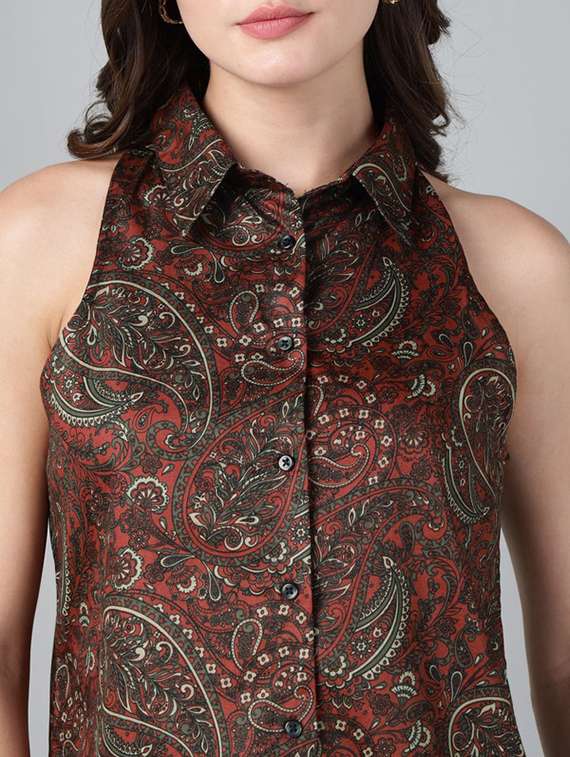 women printed collared sleeveless regular fit shirt - 22038383 - Standard Image - 3
