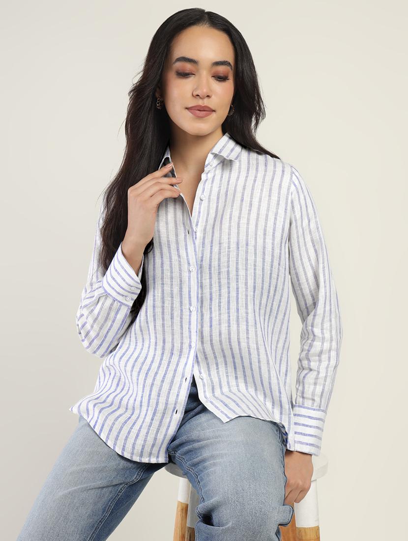 women striped collared long sleeve shirt - 22038385 -  Zoom Image - 0