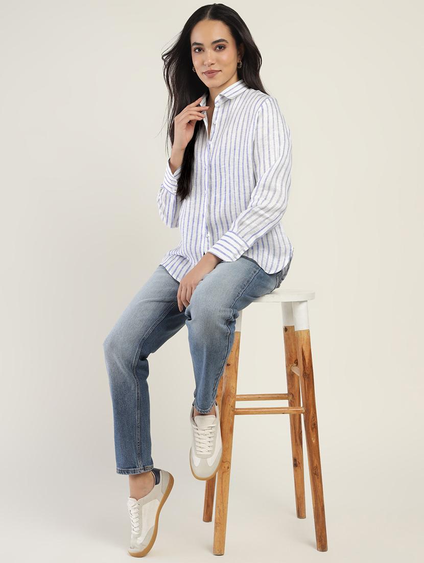 women striped collared long sleeve shirt - 22038385 - Standard Image - 5