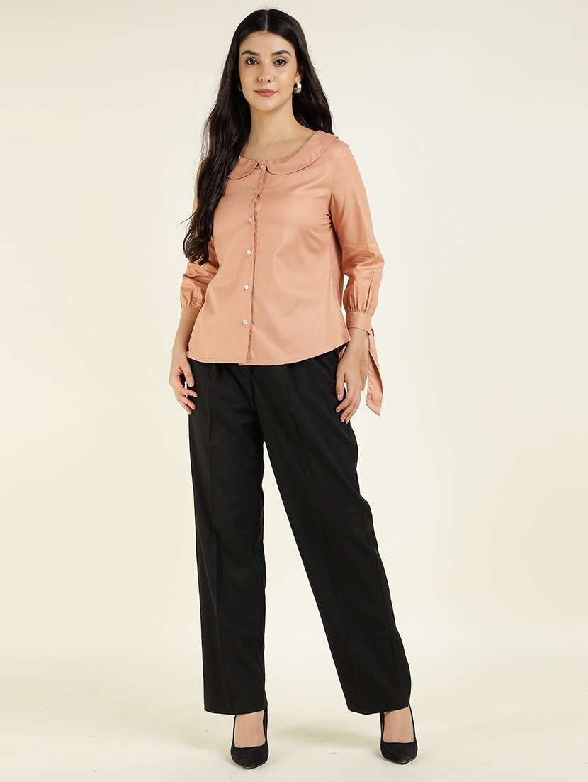 women solid peter pan collar three quarter sleeve shirt - 22038386 -  Standard Image - 5