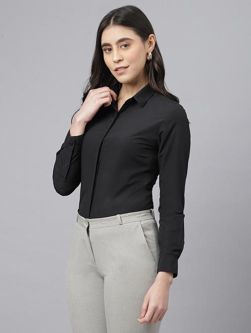 women solid collared long sleeve regular fit shirt - 22038395 -  Standard Image - 0