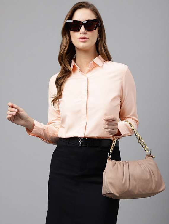 women solid collared long sleeve shirt