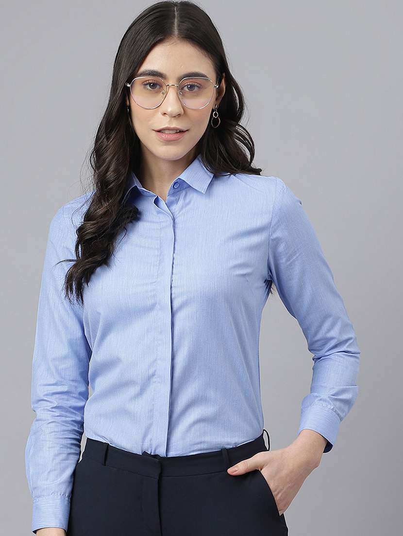 women solid collared long sleeve shirt