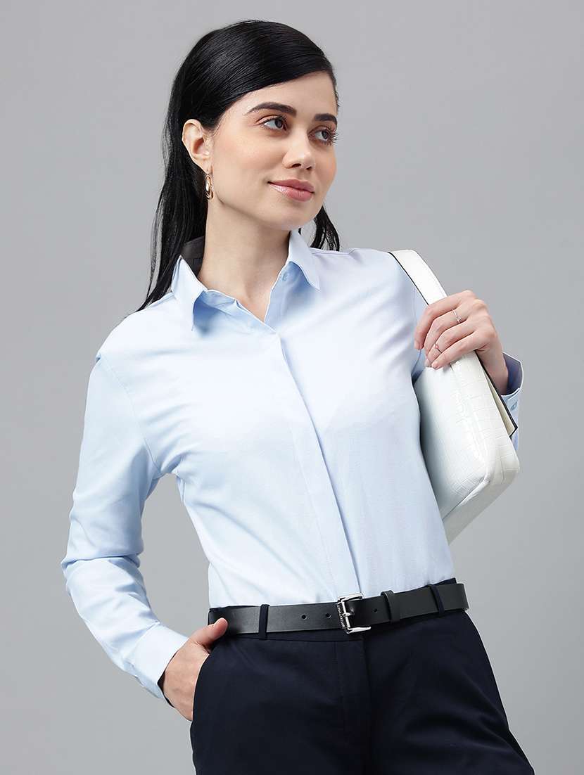 women solid collared long sleeve regular fit shirt