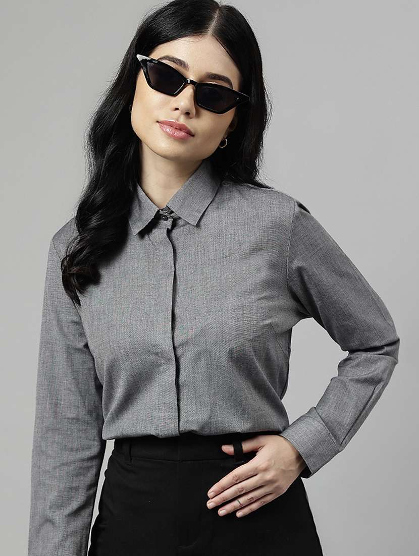 women solid collared long sleeve shirt