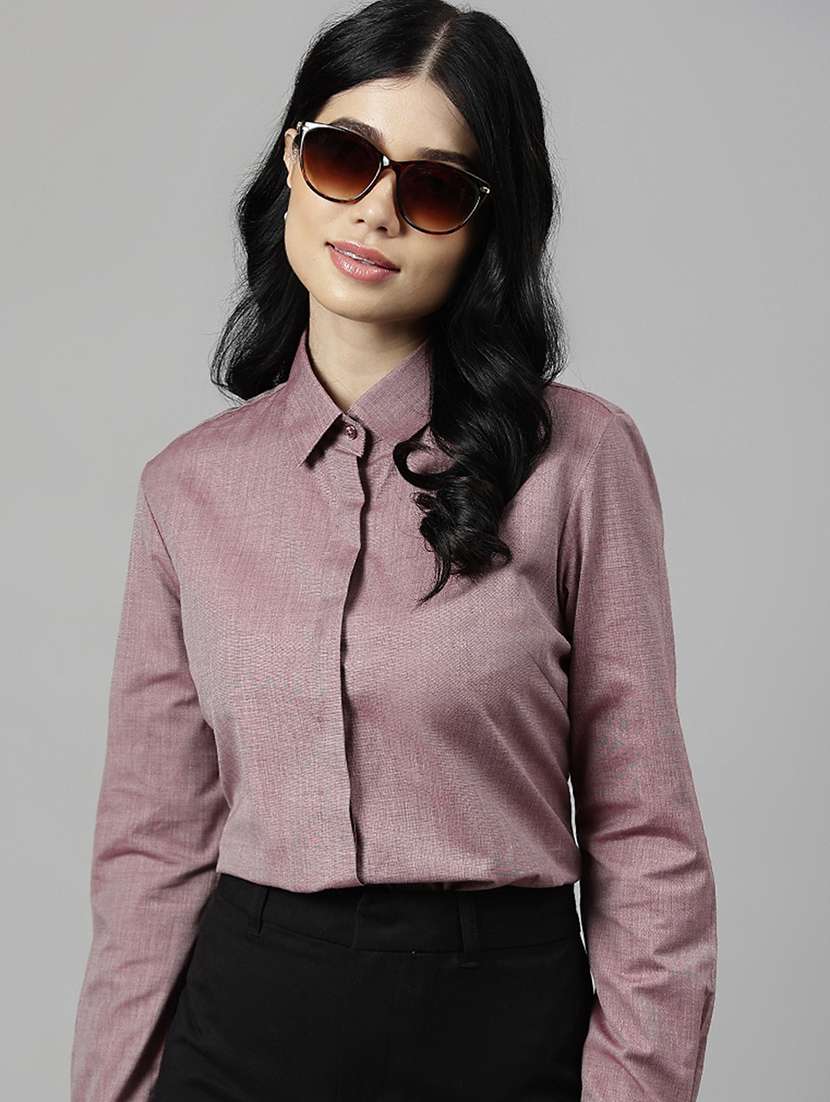 women solid collared long sleeve shirt