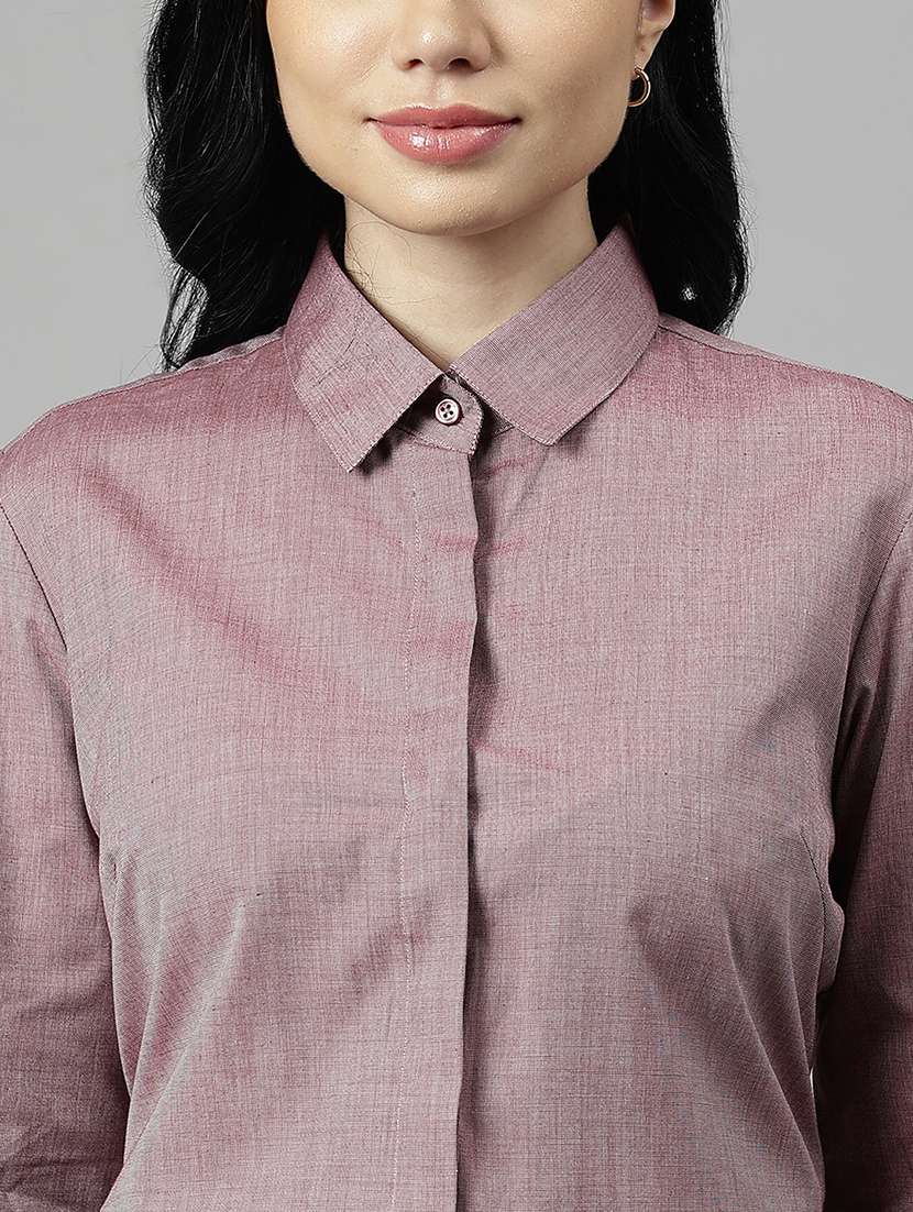 women solid collared long sleeve shirt - 22038421 -  Standard Image - 3