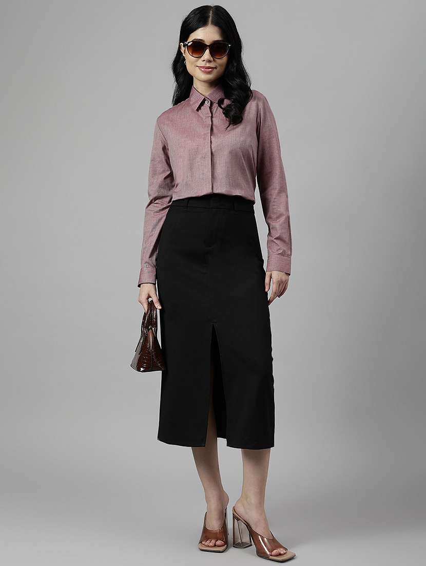 women solid collared long sleeve shirt - 22038421 -  Standard Image - 5