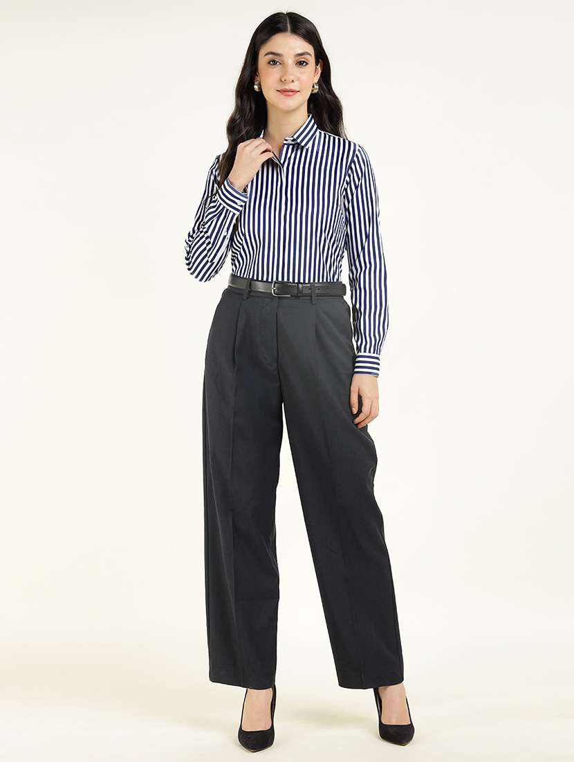 women striped collared long sleeve shirt - 22038431 -  Standard Image - 3