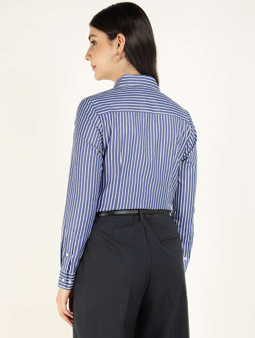 women striped collared long sleeve shirt - 22038432 - Standard Image - 3