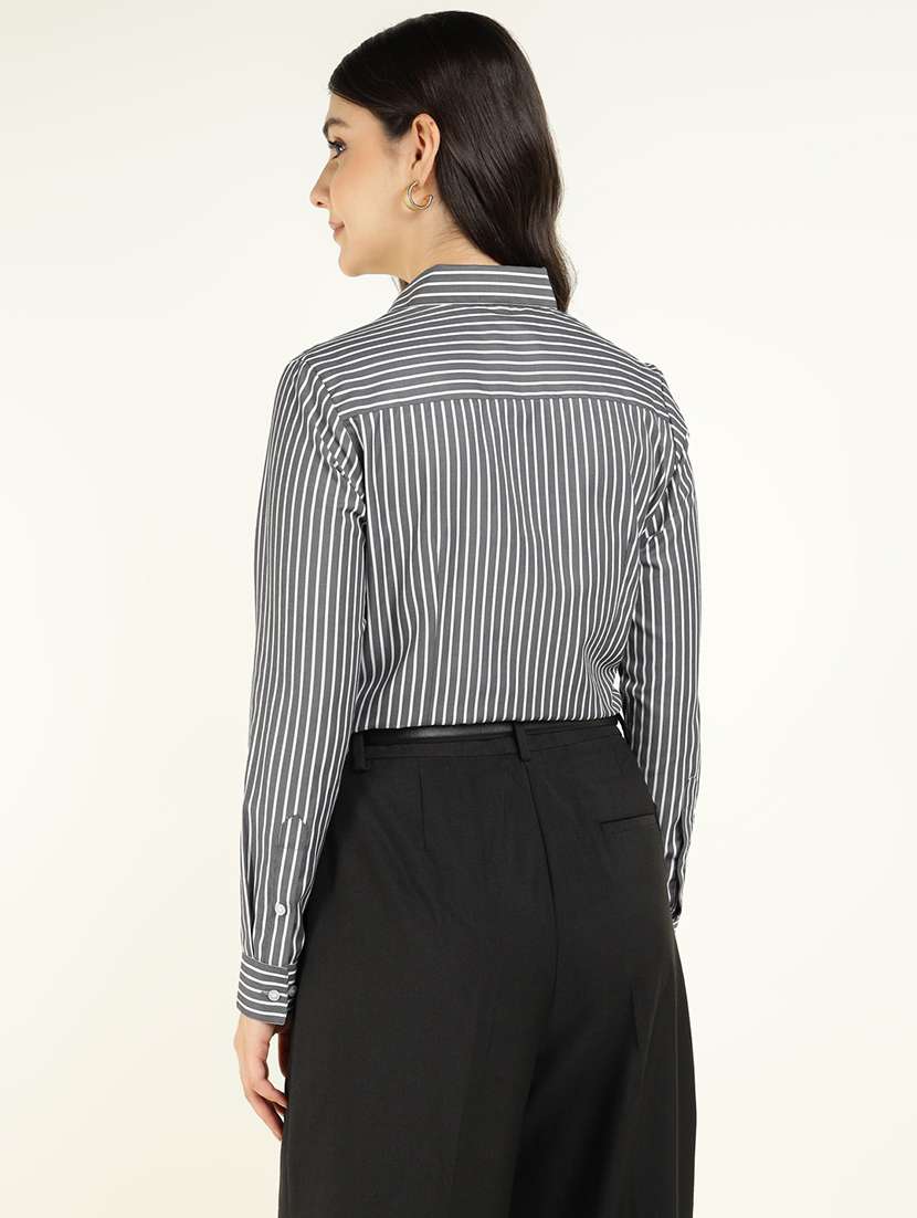 women striped collared long sleeve shirt - 22038433 -  Standard Image - 3