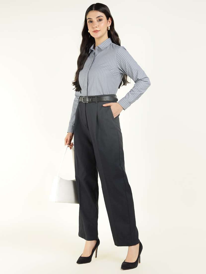 women striped collared long sleeve shirt - 22038438 -  Standard Image - 5