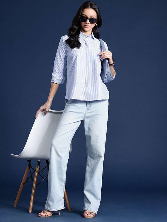 women striped collared long sleeve shirt - 22038442 - Standard Image - 3